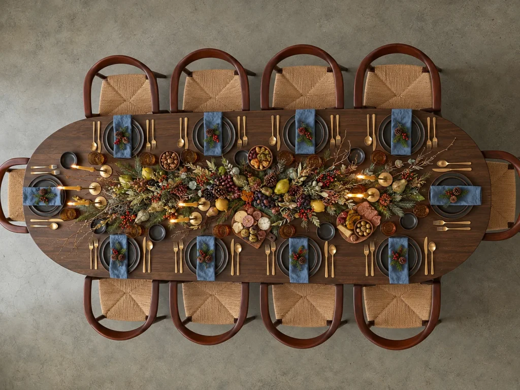 Vista cenital de una mesa de evento de madera decorada con un centro botánico continuo de ramas, piñas, uvas y peras, con platos grises, servilletas azules y candelabros.